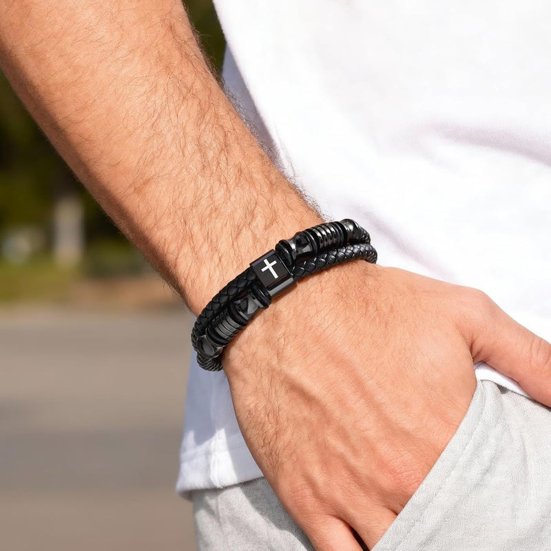TempBeau Store Christian Black Leather Bracelet for Men - Double-Row Braided Leather Faith Cross Bracelets for Men Jewelry Gift Religious Baptism Easter Gifts for Young Men Teenage,Adjustable Wristband - Image 3